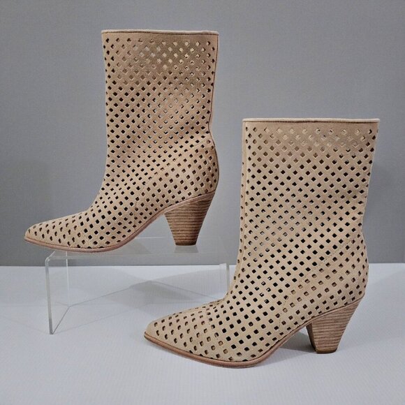 NEW Paige Layla Mid Calf Boot Womens 7 Tan Suede Perforated Pointed Toe Heeled - Picture 2 of 12